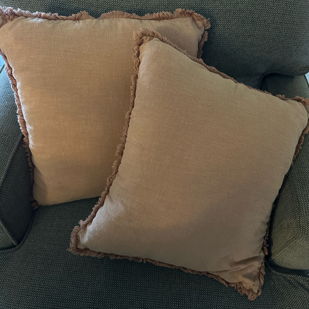 Set of 2 Fringe-Trim Decorative Throw Pillows in Camel